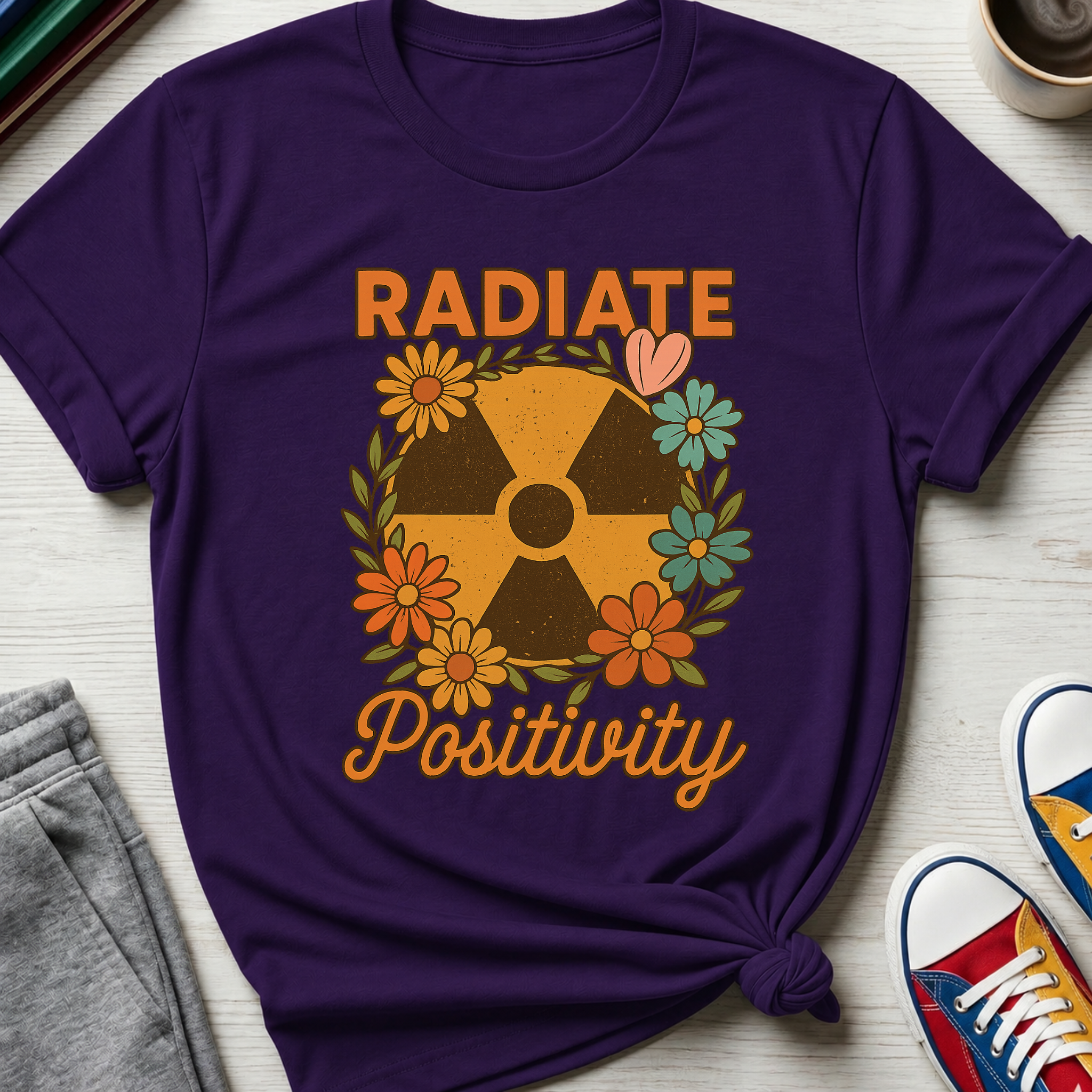 Radiate Positivity Radiation Symbol with Daisies | T-Shirt